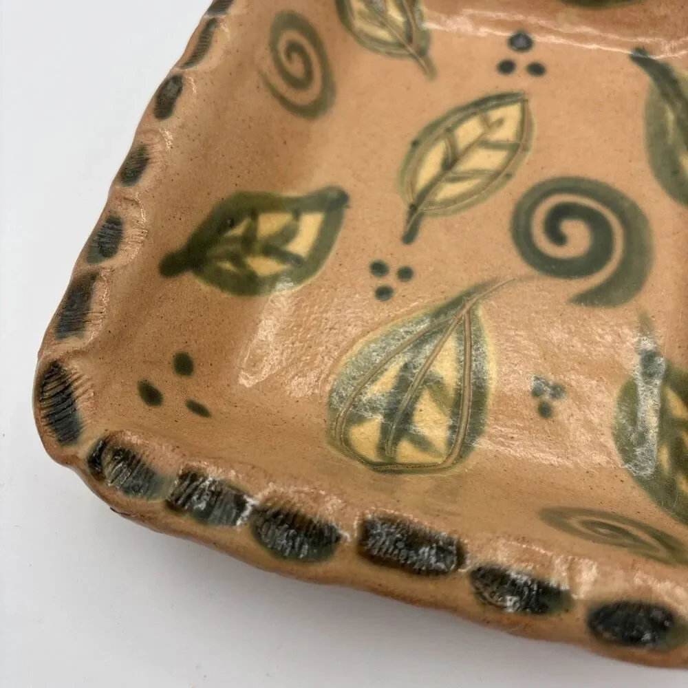 Vintage Signed Studio Pottery Tray Hand Painted Leaf Swirl Motif Terracotta Dish